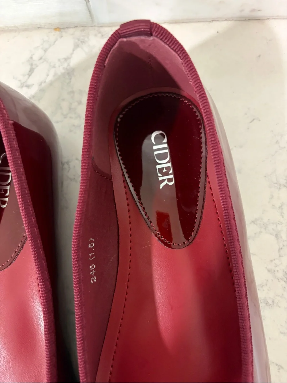 Cider Burgundy Patent Leatherette Ballet Flats with Bow Accent and Square Toe